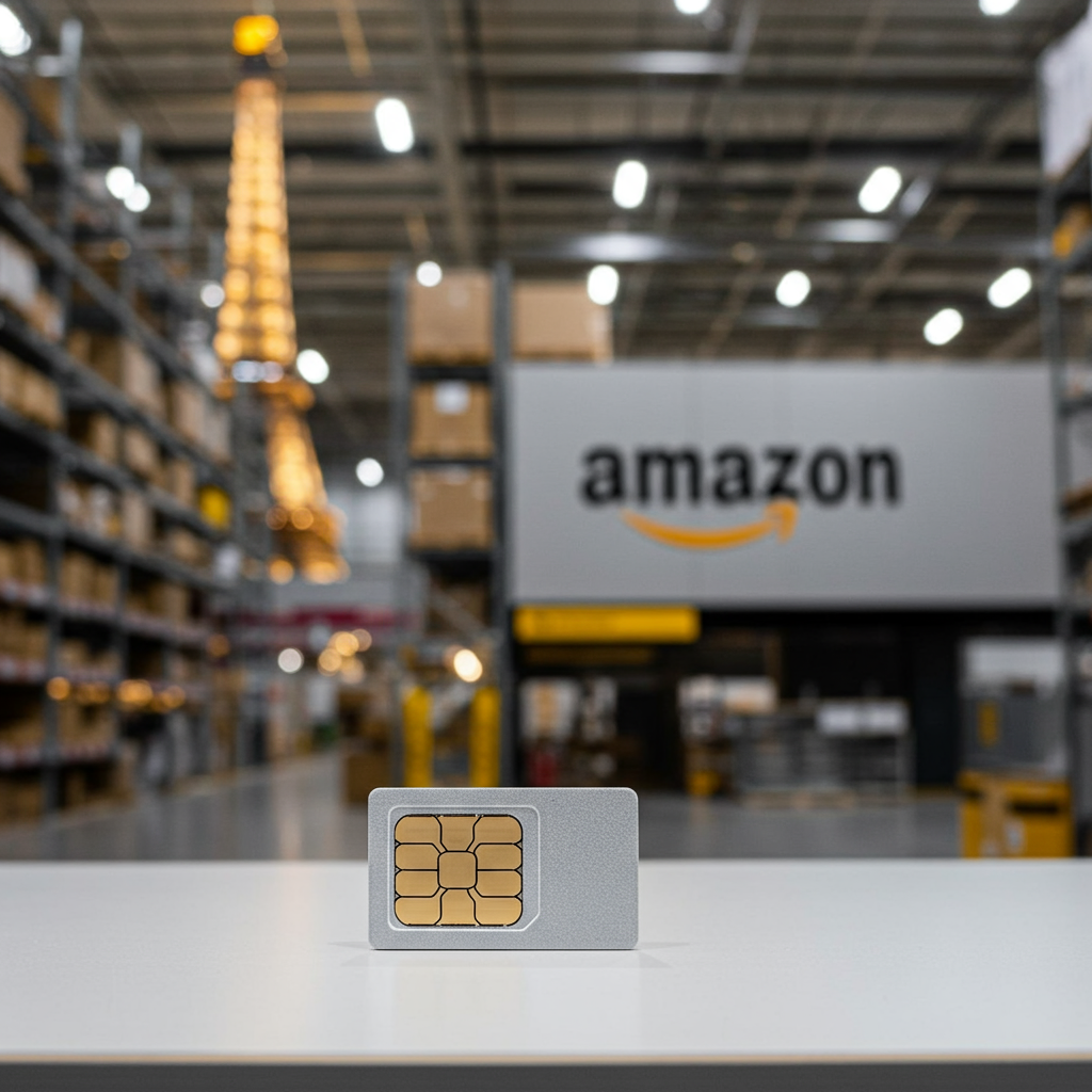 scheda SIM in primo piano, insegna Amazon, magazzino e Torre Eiffel sullo sfondo