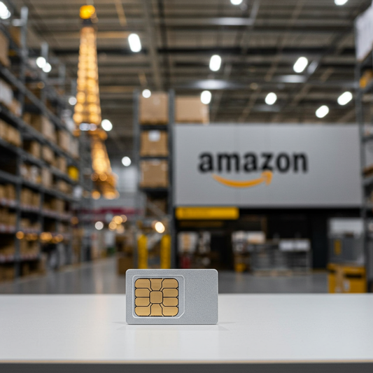 carte SIM au premier plan, panneau Amazon, entrepôt et tour Eiffel en arrière-plan