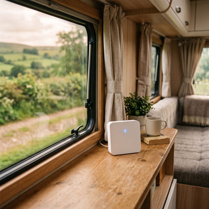 A white rectangular electronic device with a small blue indicator light sits on a wooden counter inside a camper van, with a scenic countryside landscape visible through the window.