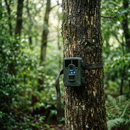 A green trail camera with a black strap is mounted on the side of a tree trunk in a dense green forest.
