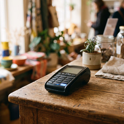 A black POS terminal with a small screen and keypad sits on a rustic wooden counter in a warm, softly blurred retail or cafe environment.