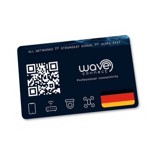 A dark navy blue Wave Connect professional connectivity card with white text, a QR code, and a small German flag graphic, shown on a clean white background.