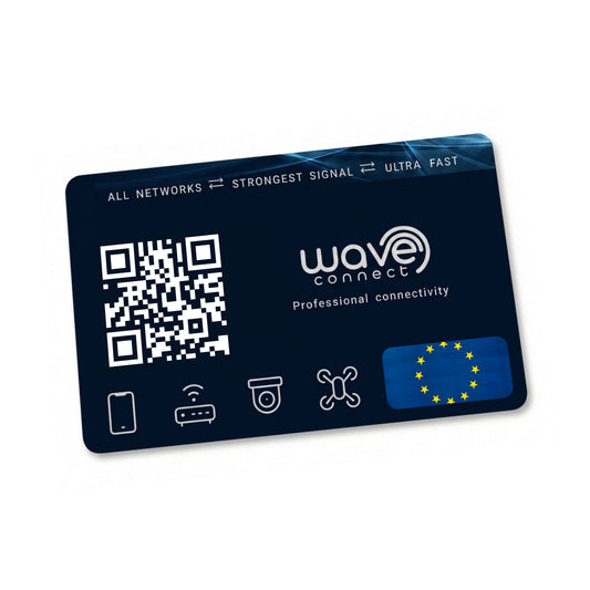 A dark blue Wave Connect professional connectivity card with white text, a QR code, and a blue EU flag sticker, shown on a plain white background.