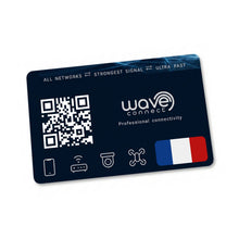 A dark blue Wave Connect professional connectivity card with white text, a QR code, and a small French flag graphic, shown on a plain white background.