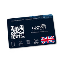 A dark navy blue Wave Connect professional connectivity card with white text, a QR code, feature icons, and a small Union Jack flag, shown on a plain white background.