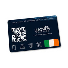 A dark navy blue Wave Connect professional connectivity card with white text, a QR code, and a small Irish flag graphic, shown on a plain white background.
