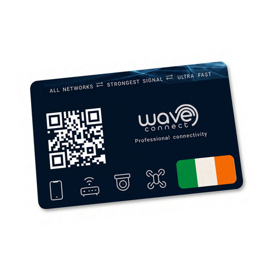 A dark navy blue Wave Connect professional connectivity card with white text, a QR code, and a small Irish flag graphic, shown on a plain white background.
