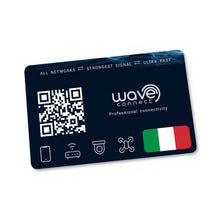 A dark navy blue Wave Connect professional connectivity card with white text, a QR code, and a small Italian flag graphic, shown on a plain white background.