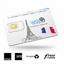 SIM card with 'Wave Connect' branding and Eiffel Tower illustration on a white background