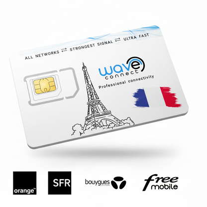SIM card with 'Wave Connect' branding and Eiffel Tower illustration on a white background