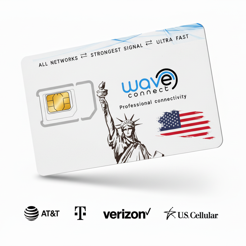 Sim card USA with Wave Connect branding and network compatibility logos on a white background.