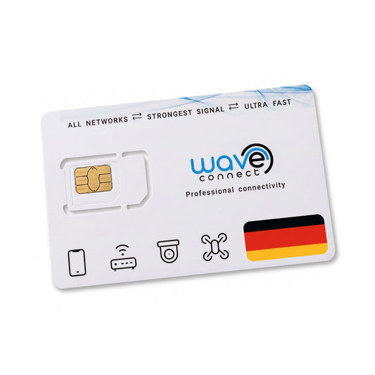 A white WaveConnect SIM card with a gold SIM slot, featuring the blue and black WaveConnect logo, German flag graphic, and various connectivity icons on a clean white background.