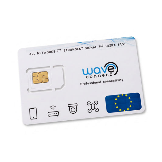 A WaveConnect professional connectivity SIM card on a clean white background. The white card features the blue and black WaveConnect logo, a gold SIM card slot, and a blue European Union flag icon.
