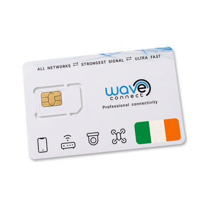 A white WaveConnect professional connectivity SIM card with a gold SIM slot, blue and black logo, and an Irish flag icon on a clean white background.