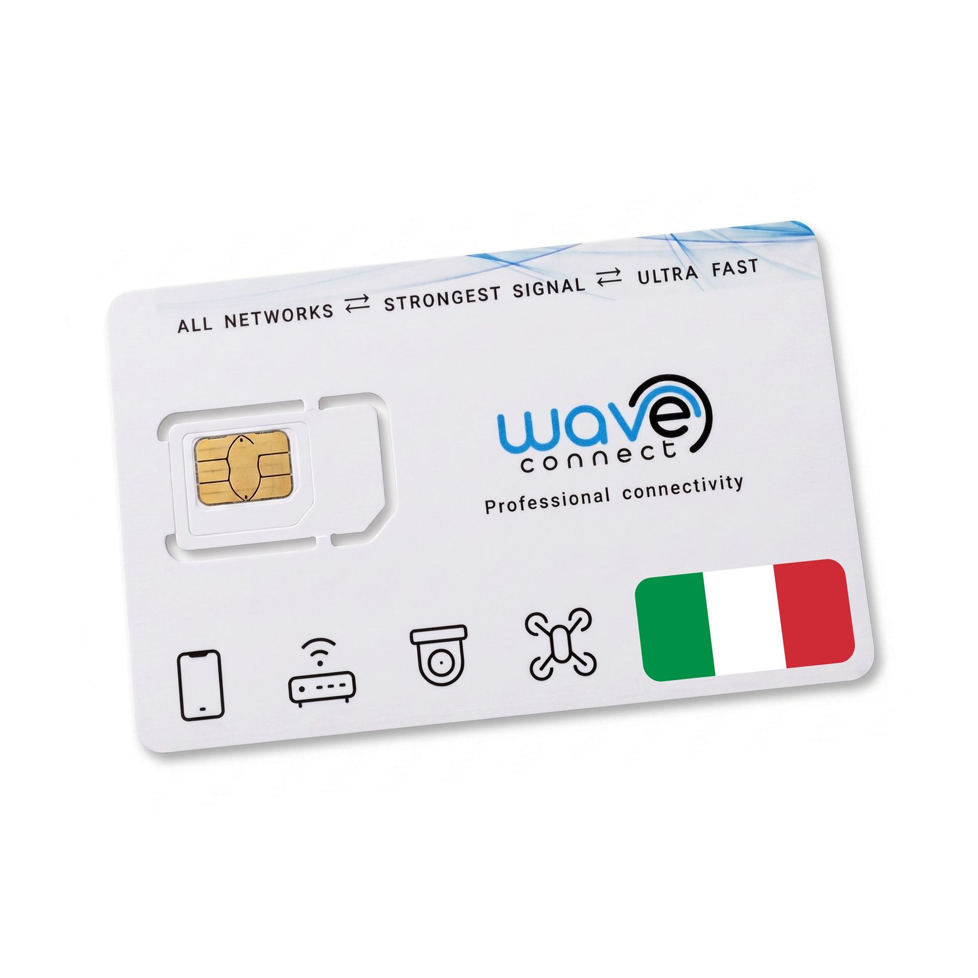 A white WaveConnect professional connectivity SIM card with a gold SIM slot, blue and black logo, and a small Italian flag icon, shown on a clean white background.