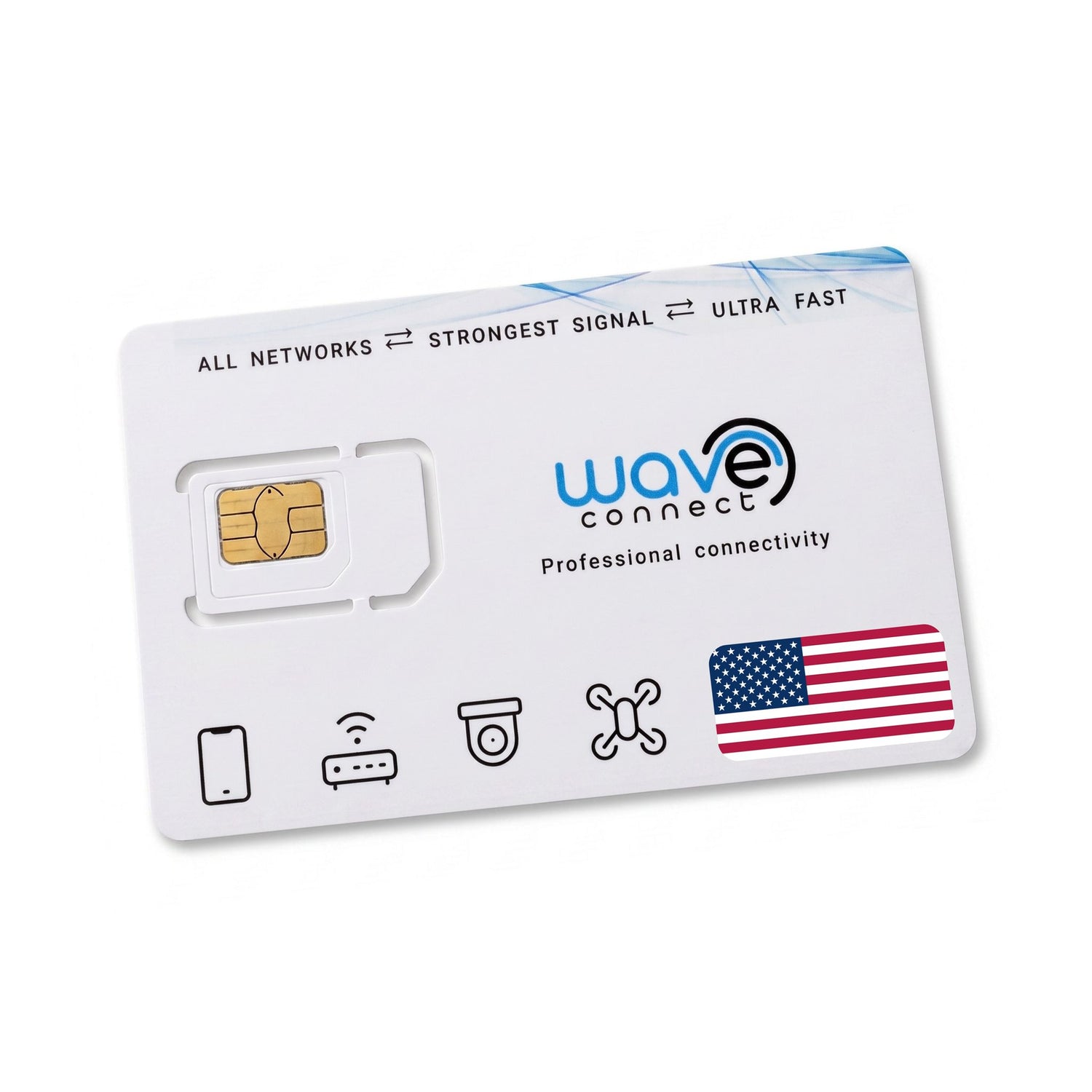 A white WaveConnect professional connectivity SIM card with a gold SIM slot, blue and black logo, and an American flag icon, shown on a clean white background.